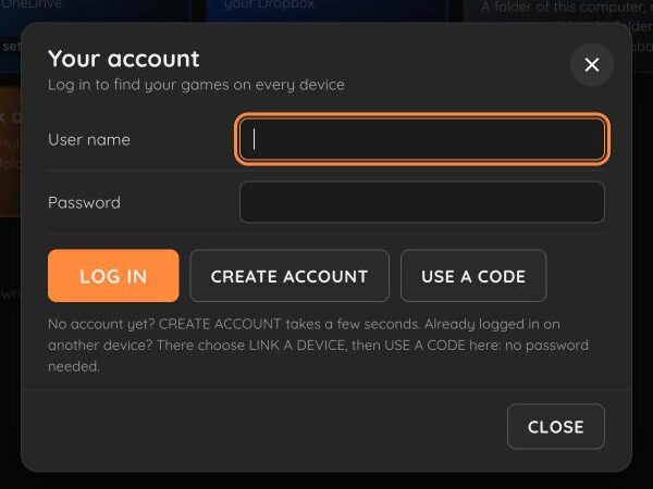 The account dialog with Log in, Create account and Use a code
