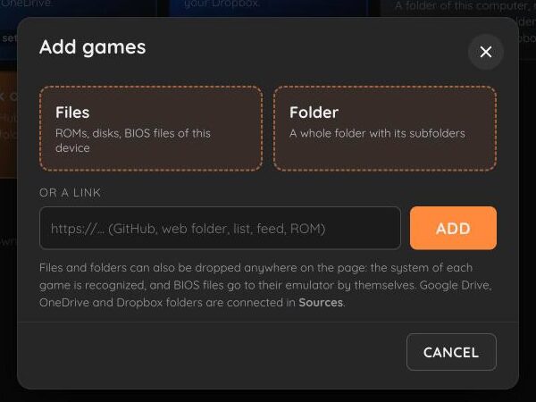 The Add games dialog with Files, Folder and a link field