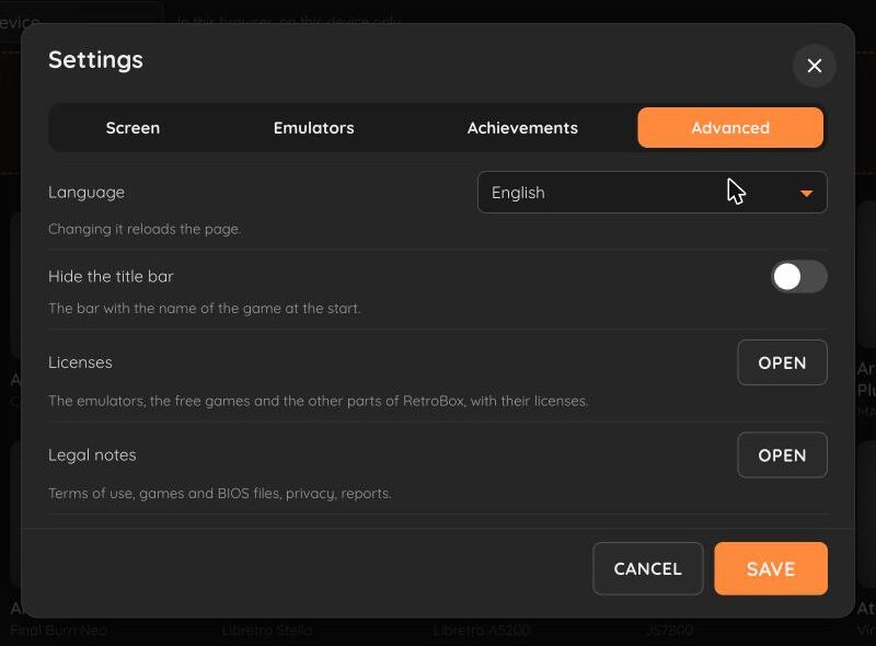 RetroBox advanced settings with the language choice