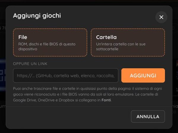 La finestra Aggiungi giochi con File, Cartella e un campo per un link