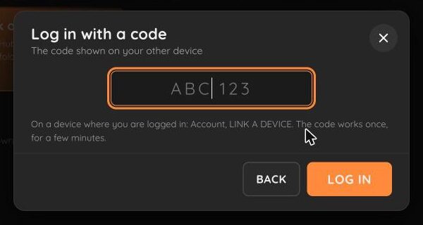 The dialog to log in with a 6-character code