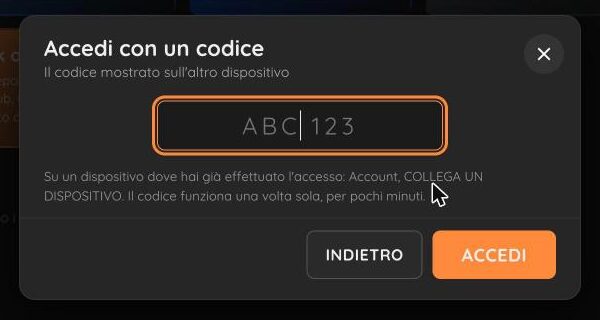 La finestra per accedere con un codice di 6 caratteri
