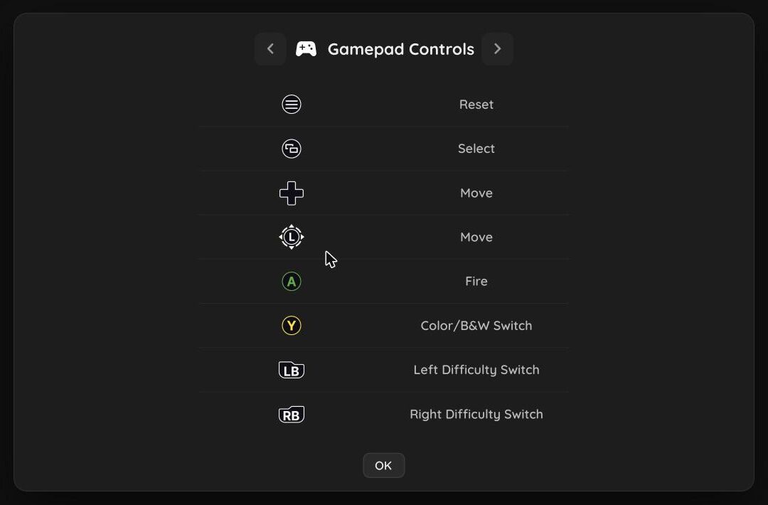 The gamepad controls screen for an Atari 2600 game