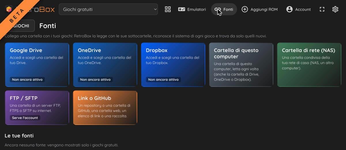 Il pannello Fonti di RetroBox con le sorgenti disponibili
