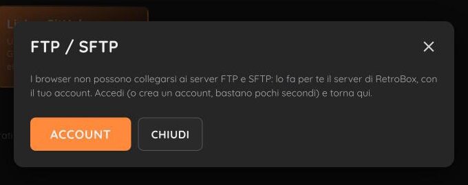 L'avviso che FTP e SFTP richiedono un account