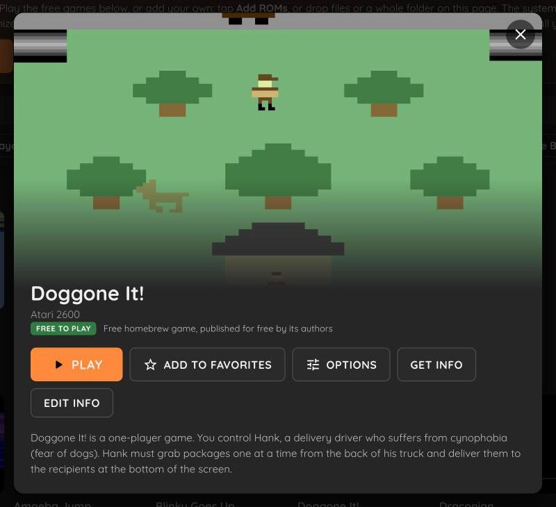 A RetroBox game card with Play, Add to favorites, Options and Get info buttons