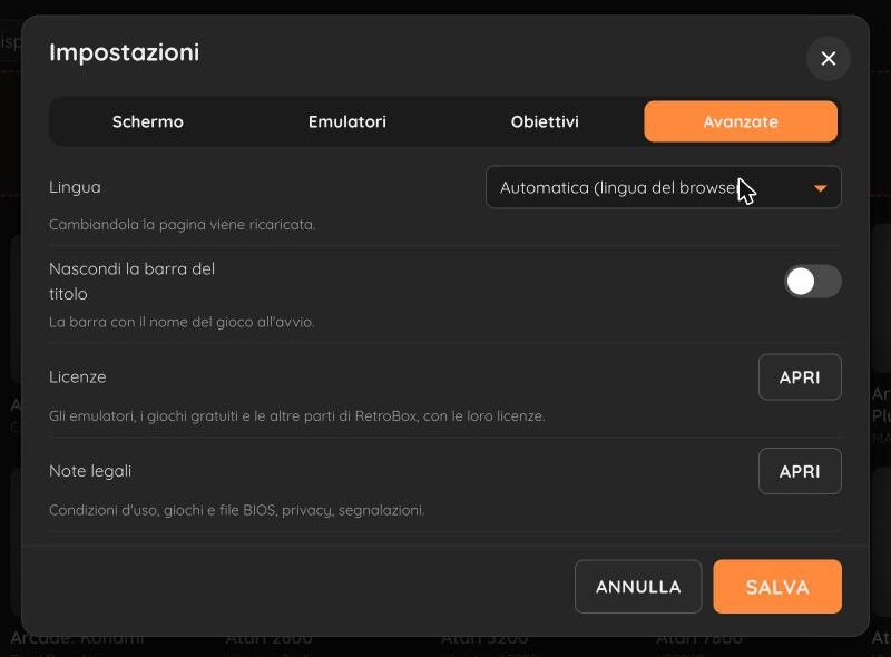 Le impostazioni avanzate di RetroBox con la scelta della lingua