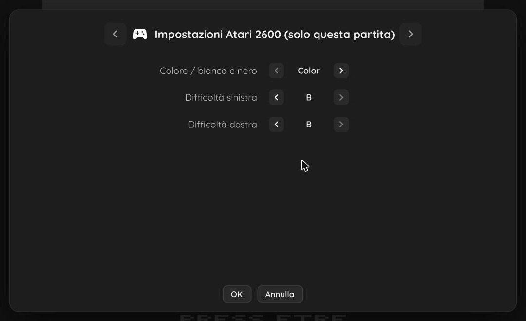Le impostazioni dell'Atari 2600 valide per la partita in corso