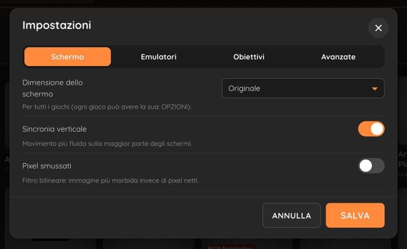 Le impostazioni di RetroBox, scheda Schermo