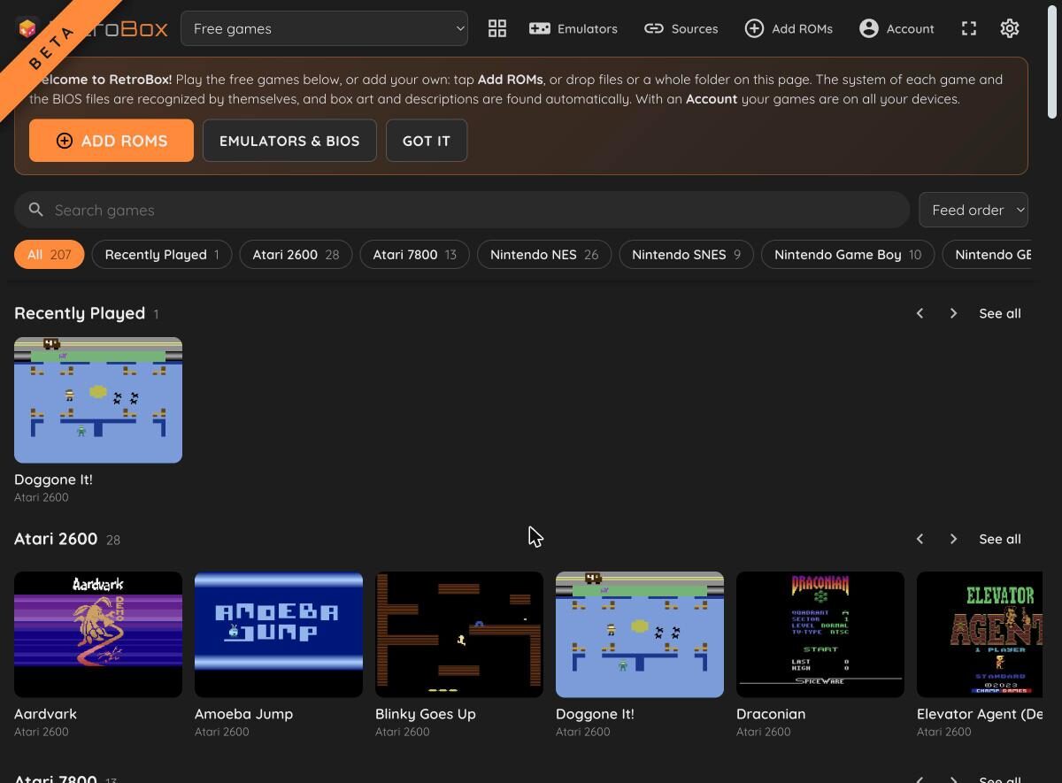 The RetroBox library with free games grouped by system