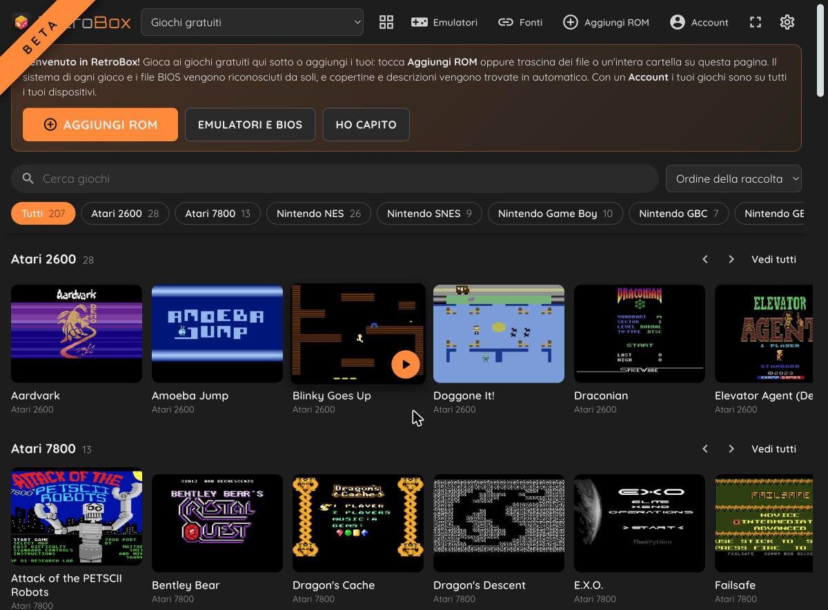 La libreria di RetroBox con i giochi gratuiti divisi per sistema