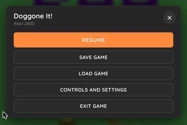 The RetroBox pause menu with Resume, Save game, Load game, Controls and settings, Exit game