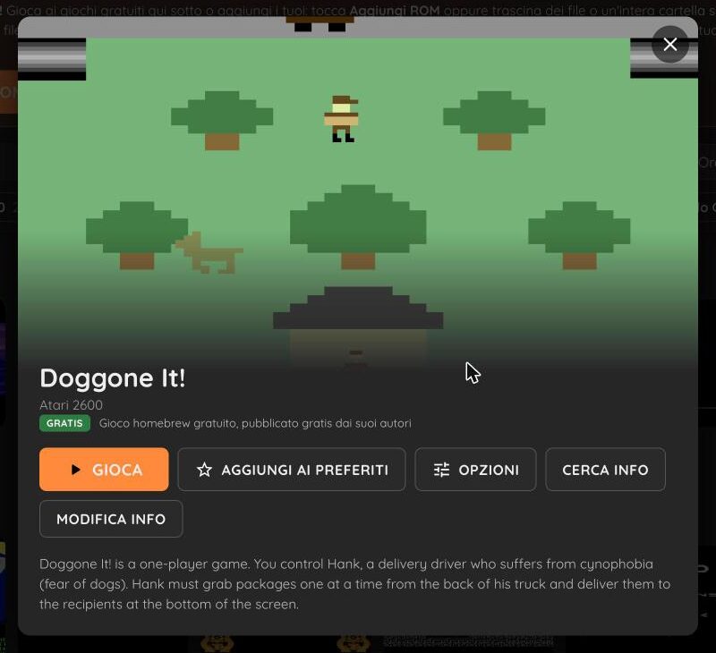 La scheda di un gioco in RetroBox con i pulsanti Gioca, Preferiti, Opzioni e Cerca info