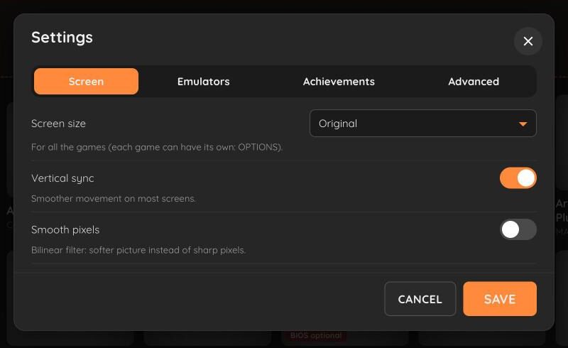 RetroBox settings, Screen tab