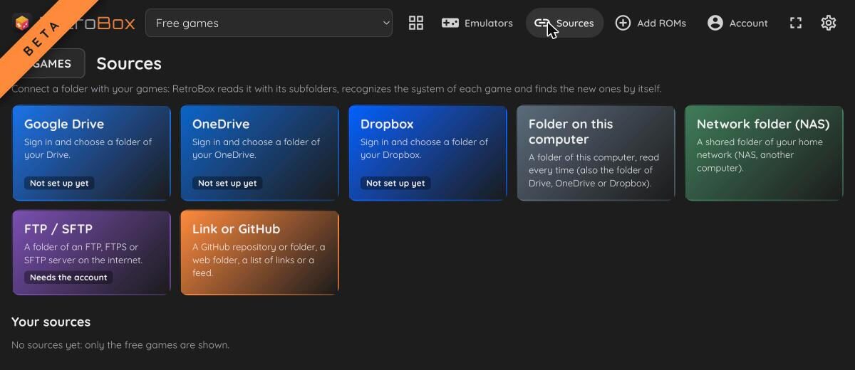 The RetroBox Sources panel with the available source types