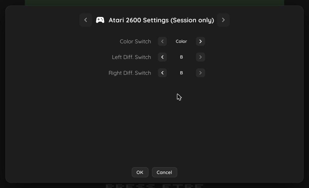 Atari 2600 settings for the current session