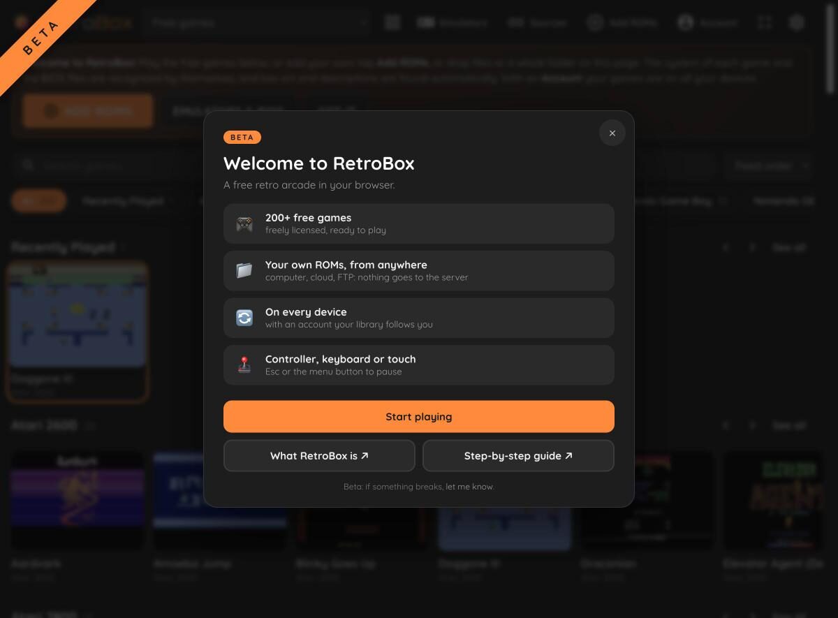 The RetroBox welcome box on first launch