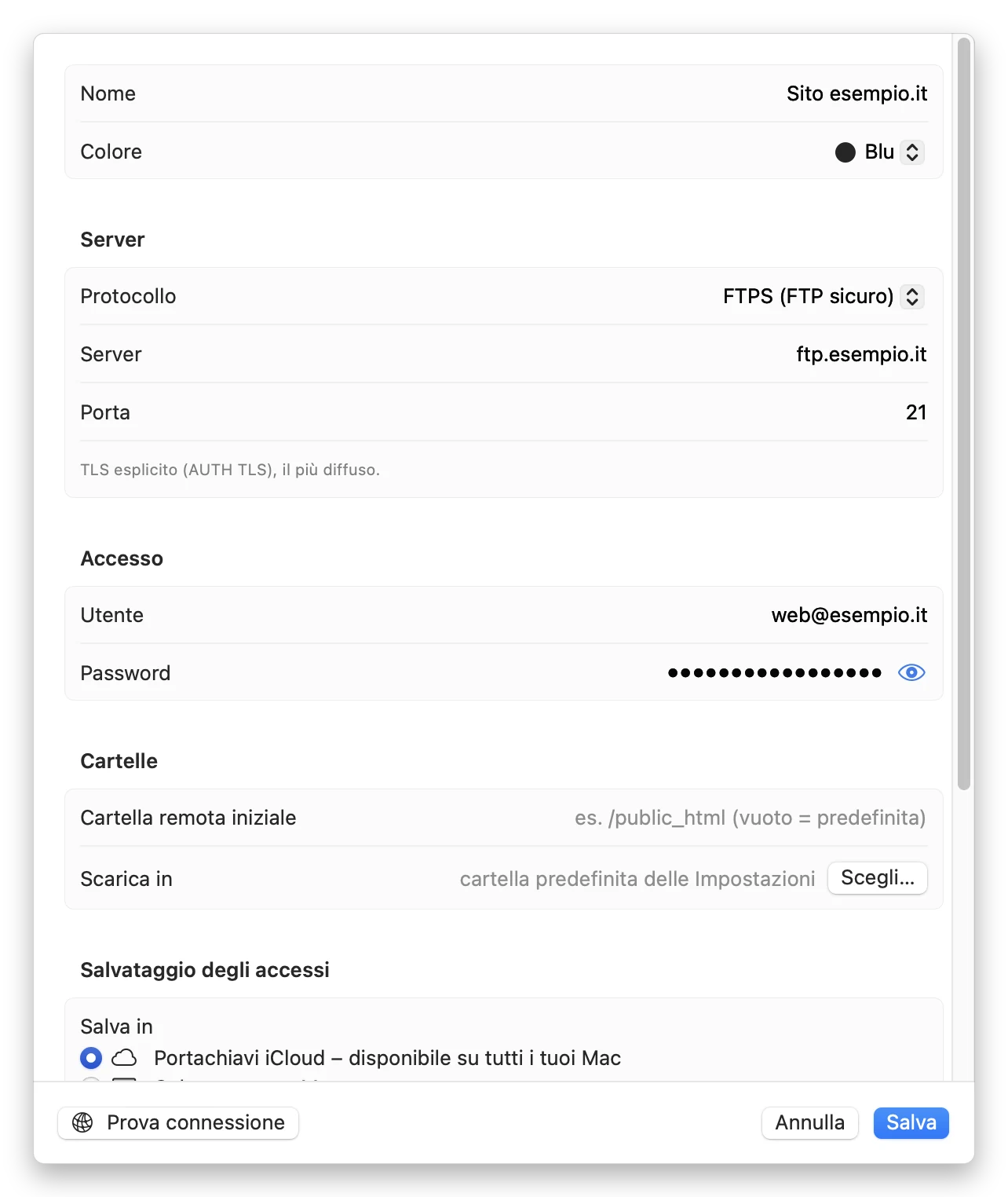Approdo, scheda per modificare una connessione