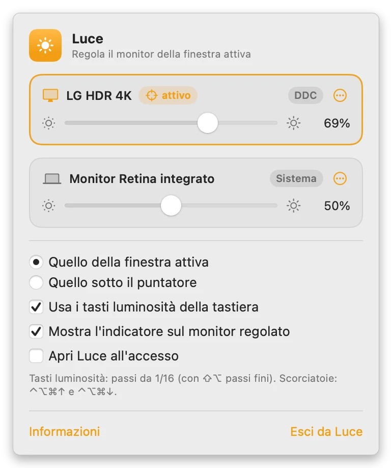 Luce, il pannello con un cursore per ogni monitor