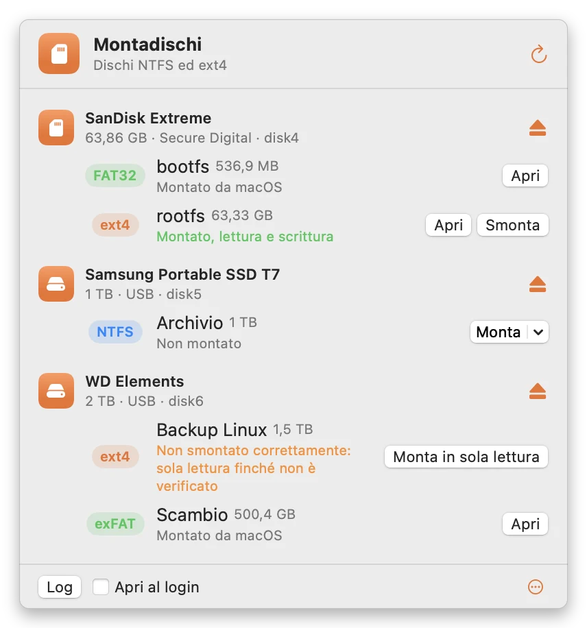 Montadischi, menu con i dischi collegati e le loro partizioni