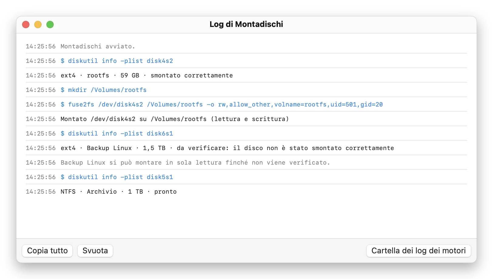 Montadischi, finestra del log con i comandi eseguiti