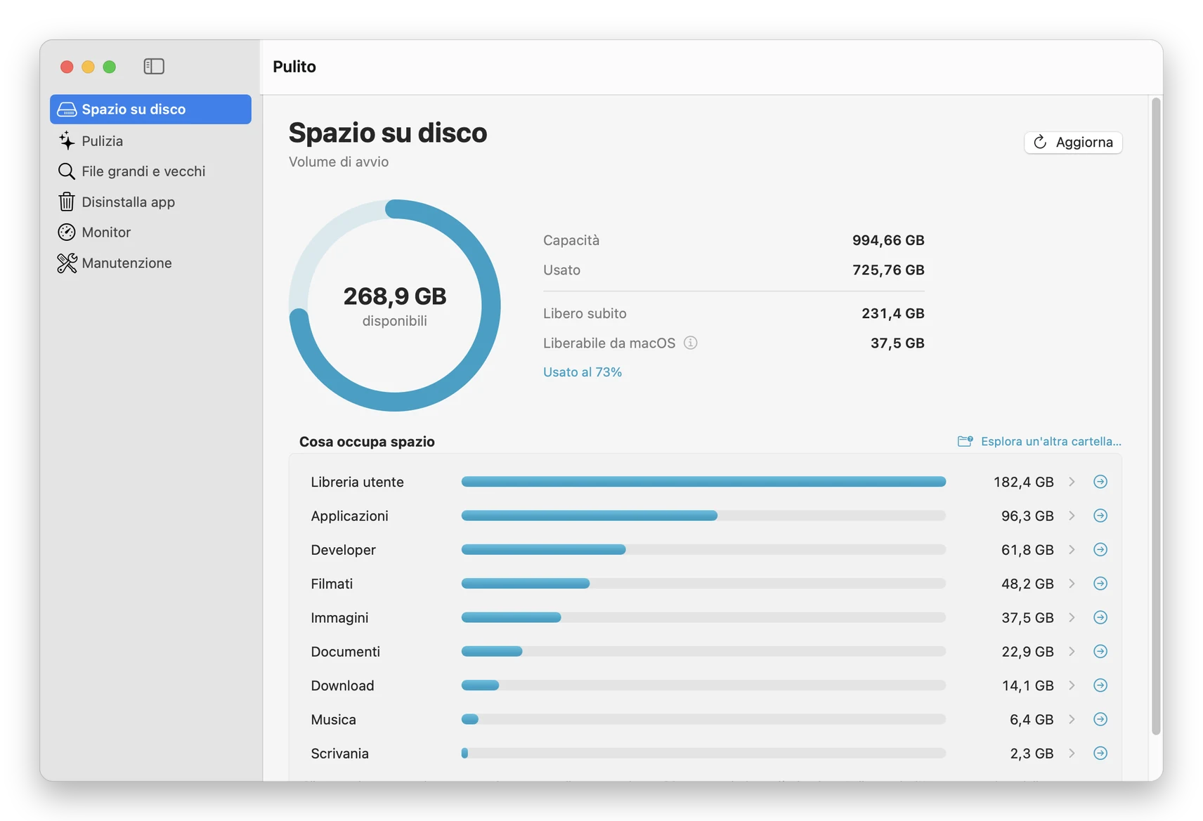 Pulito, schermata Spazio su disco con le cartelle pi&ugrave; pesanti